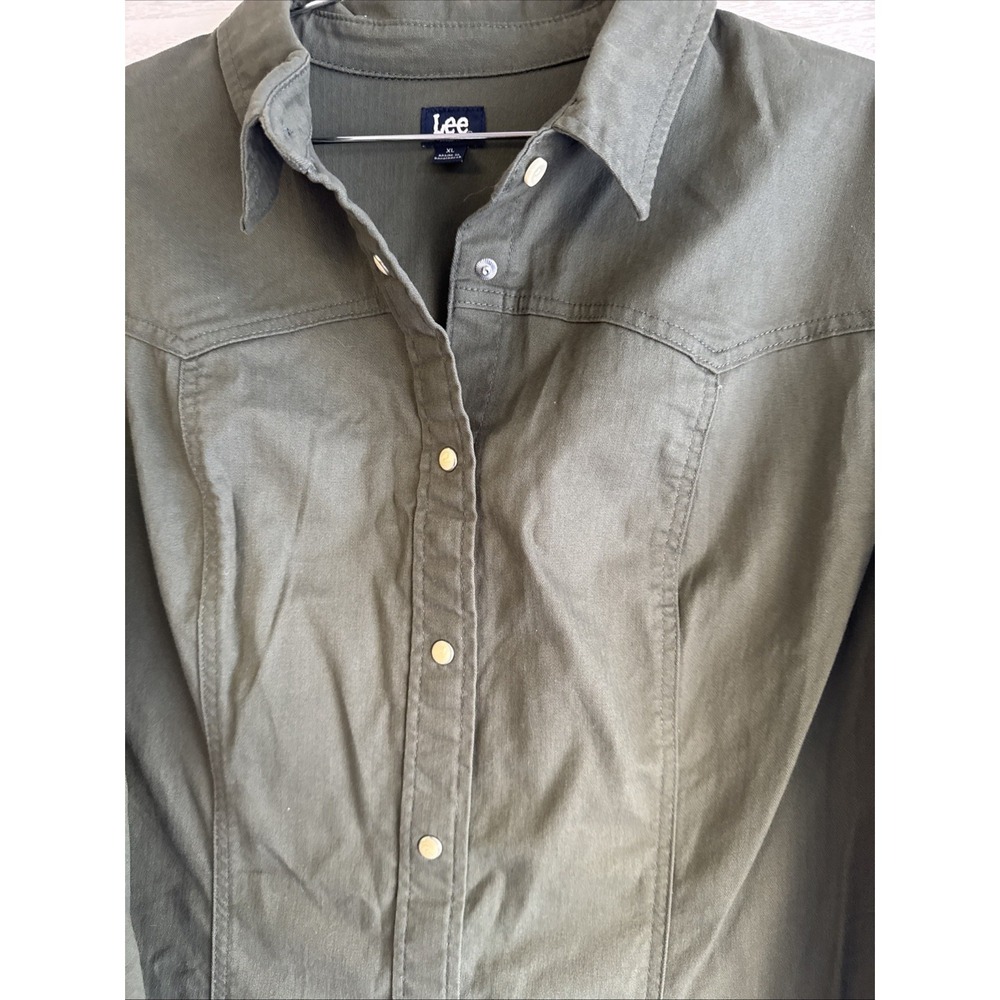 Lee brand Modern- Western Pearl Snap long-sleeve olive green shirt dress SzXL - Picture 3 of 7